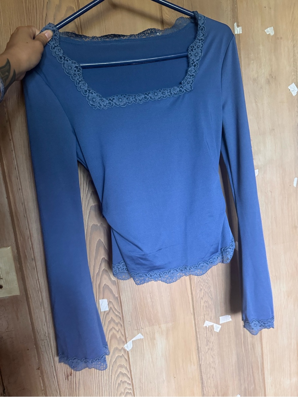 SHEIN Blue Long Sleeve Lace Trim Square Neck Top